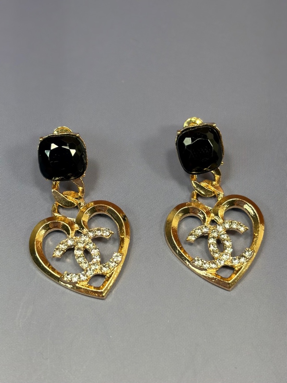 Classic Gold Tone Heart Drop Earrings with Black Stone and Crystal Accents
